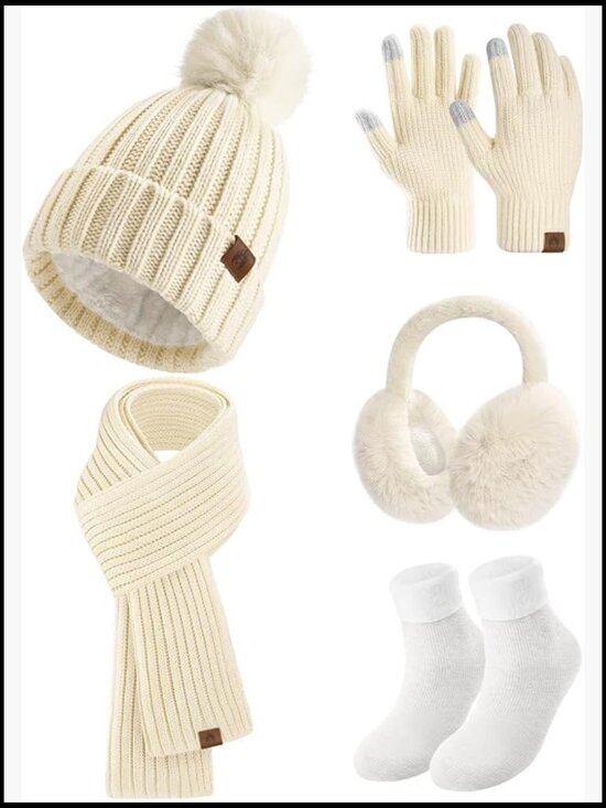 5 Piece Winter Beanie Hat Scarf Gloves Ear Muffs Fuzzy Socks Set Women main image 6